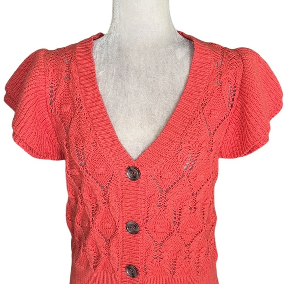 Marc New York Coral Pointelle Knit Ruffle Sleeve Button Cardigan in Cayenne M - Picture 2 of 10